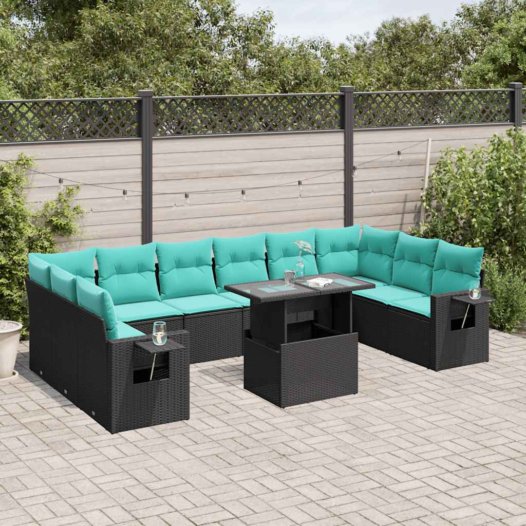 vidaXL 11-delige tuinbankset met kussens, zwart polyrotan