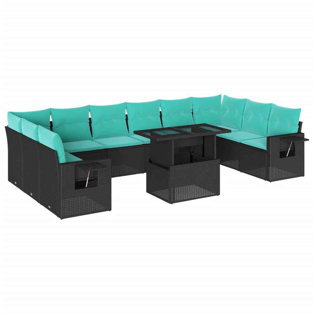 vidaXL 11-delige tuinbankset met kussens, zwart polyrotan