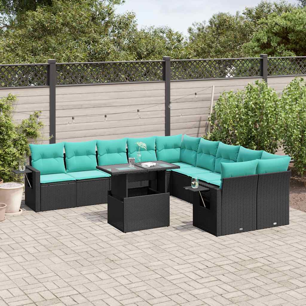 vidaXL 11-delige tuinbankset met kussens, zwart polyrotan