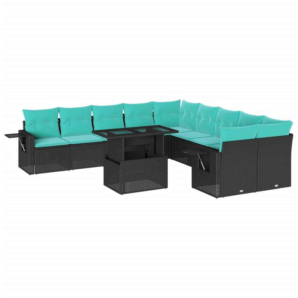 vidaXL 11-delige tuinbankset met kussens, zwart polyrotan