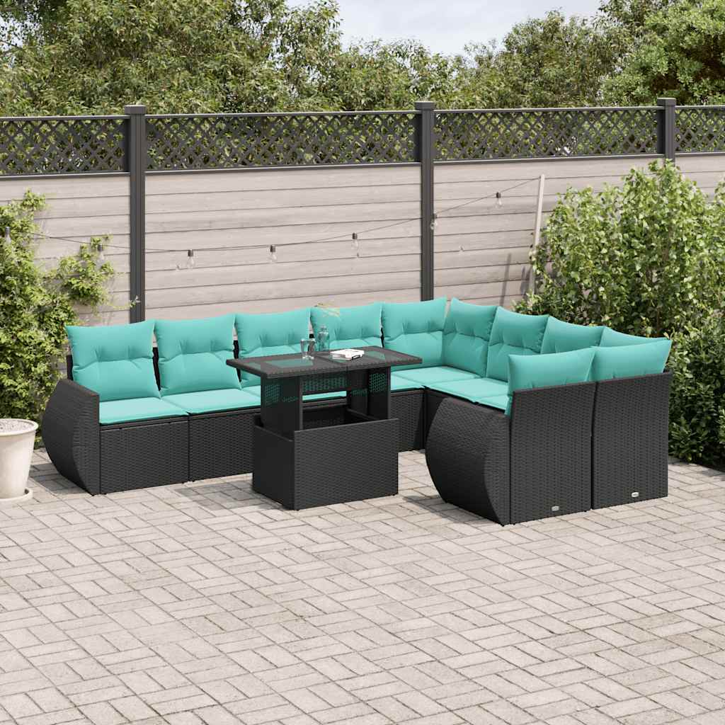 vidaXL 10-delige tuinbankset met kussens van zwart polyrotan