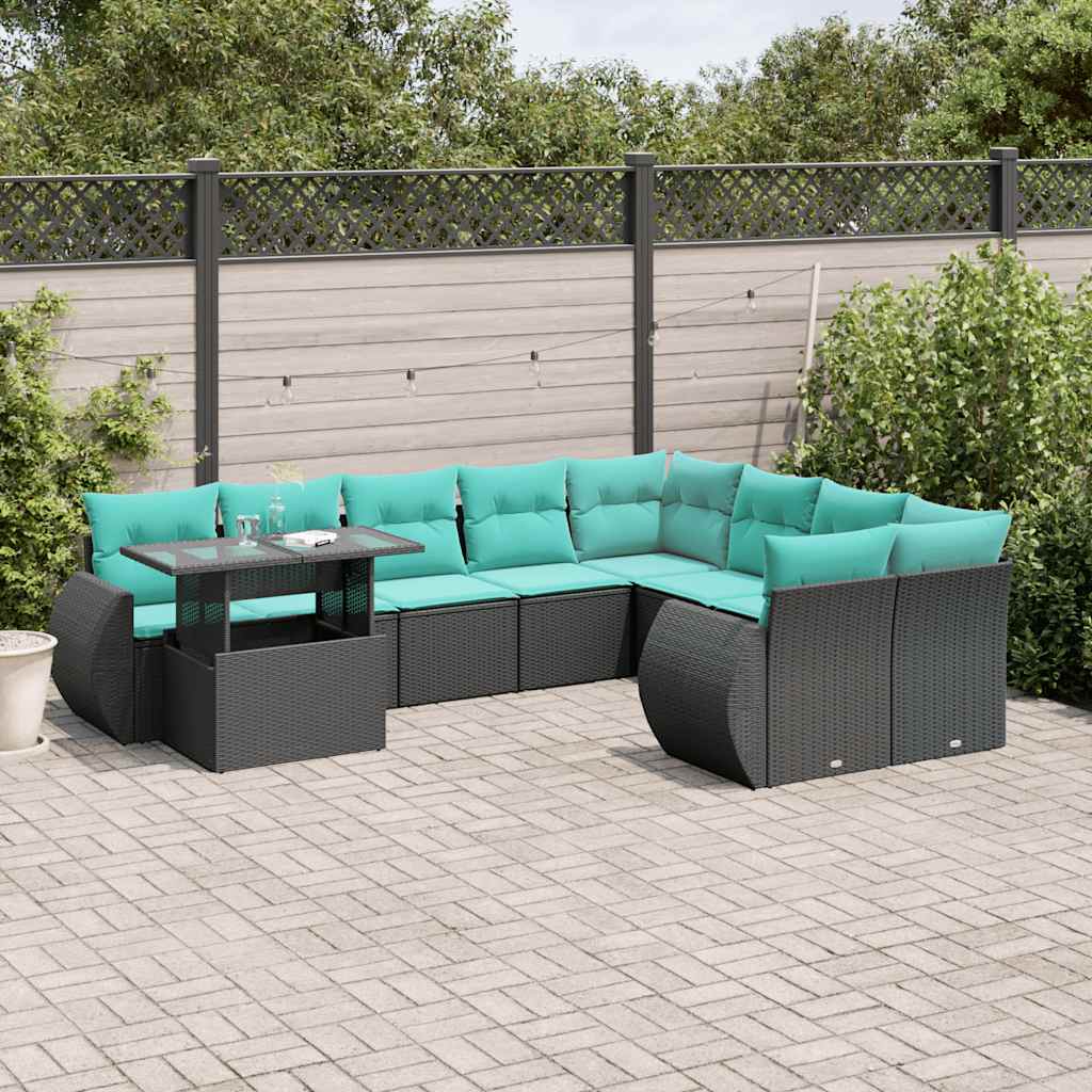 vidaXL 10-delige tuinbankset met kussens van zwart polyrotan