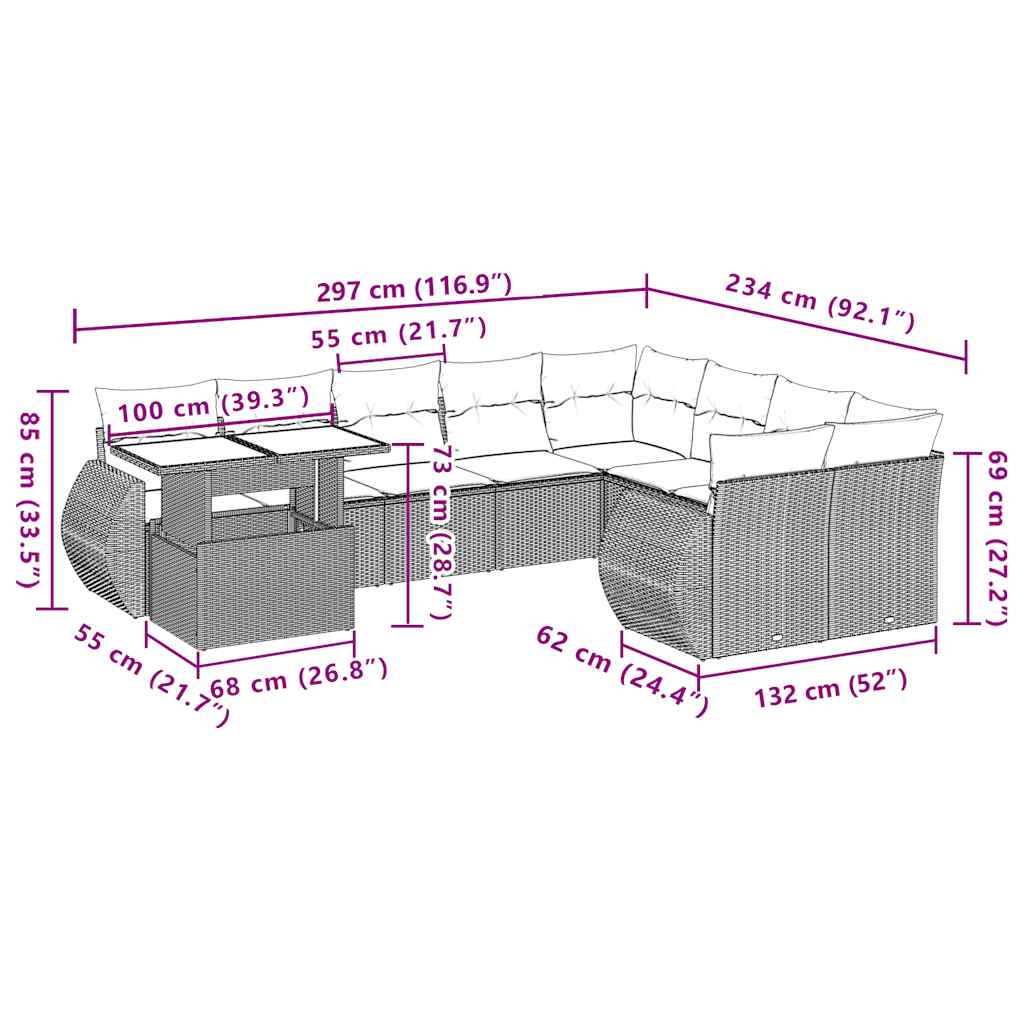 vidaXL 10-delige tuinbankset met kussens van zwart polyrotan