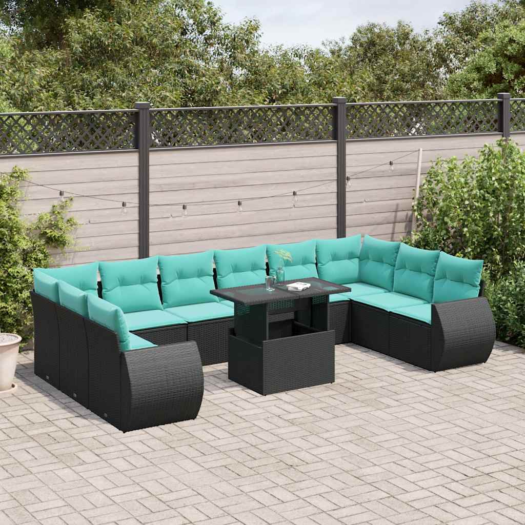 vidaXL 11-delige tuinbankset met kussens, zwart polyrotan