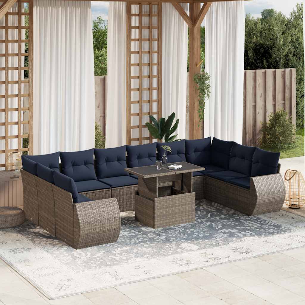 vidaXL 11-delige tuinbankset met kussens, zwart polyrotan