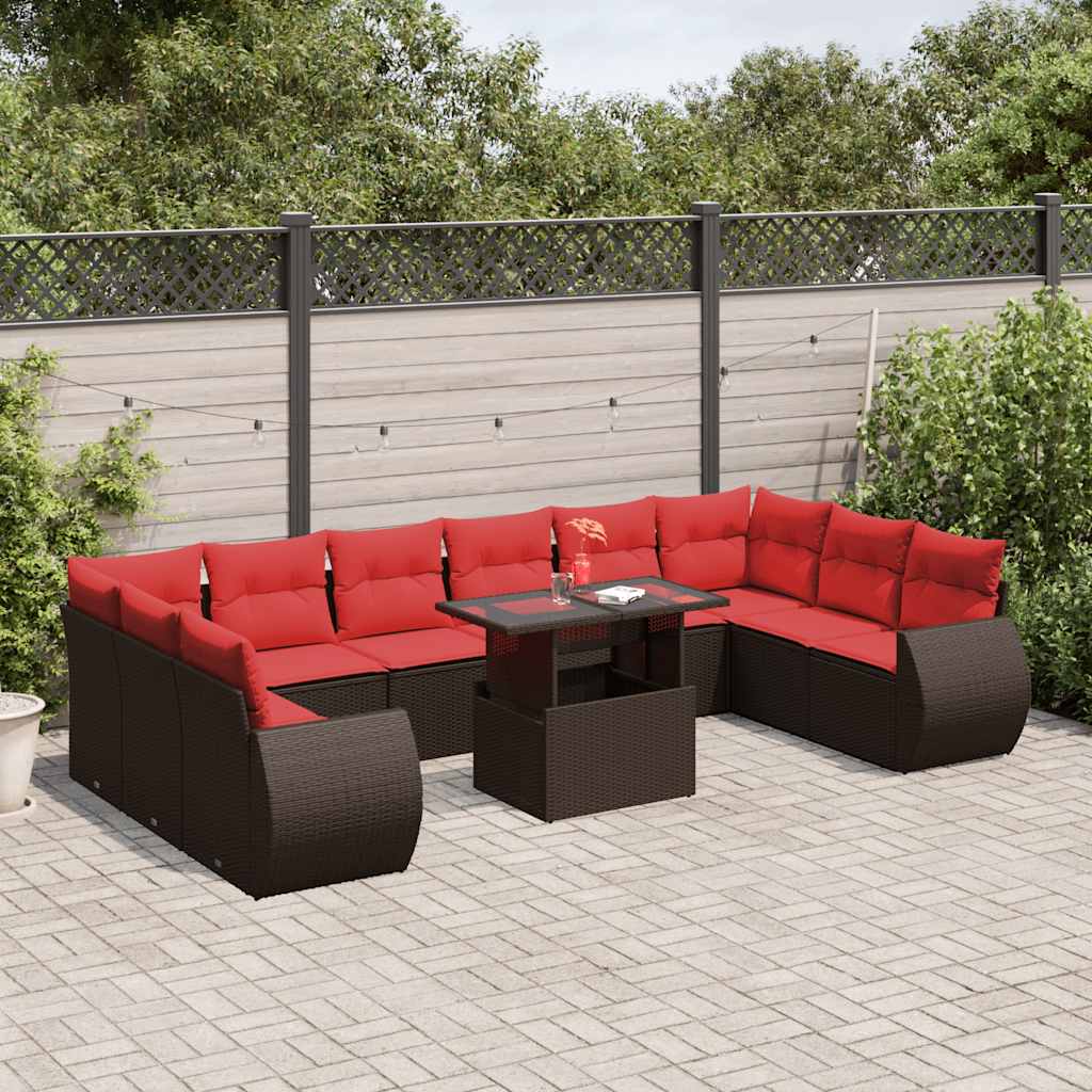 vidaXL 11-delige tuinbankset met kussens, zwart polyrotan