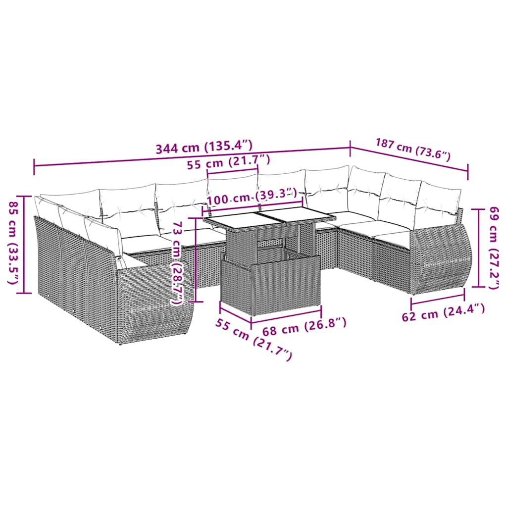 vidaXL 11-delige tuinbankset met kussens, zwart polyrotan