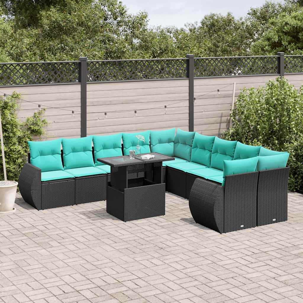 vidaXL 11-delige tuinbankset met kussens, zwart polyrotan