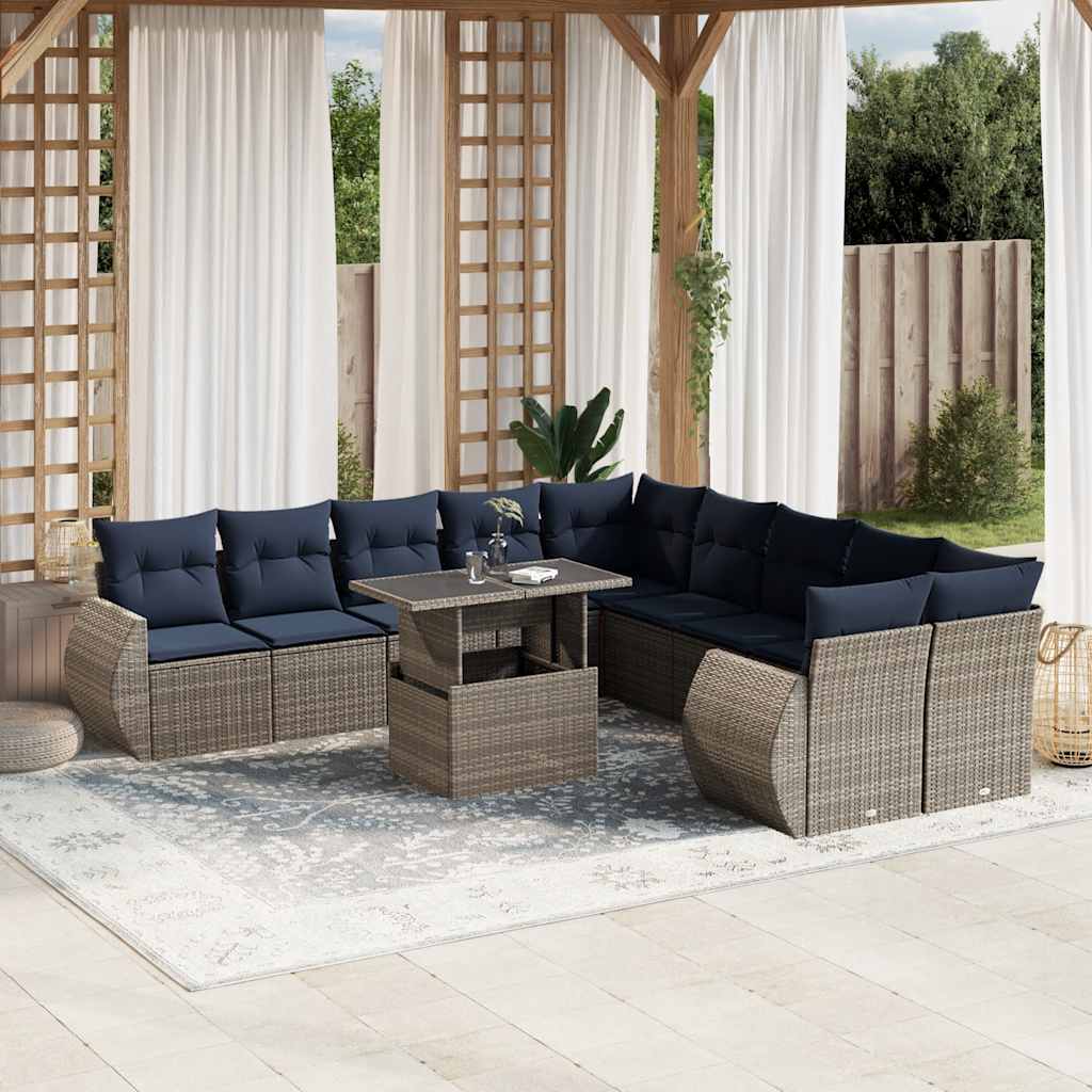 vidaXL 11-delige tuinbankset met kussens, zwart polyrotan