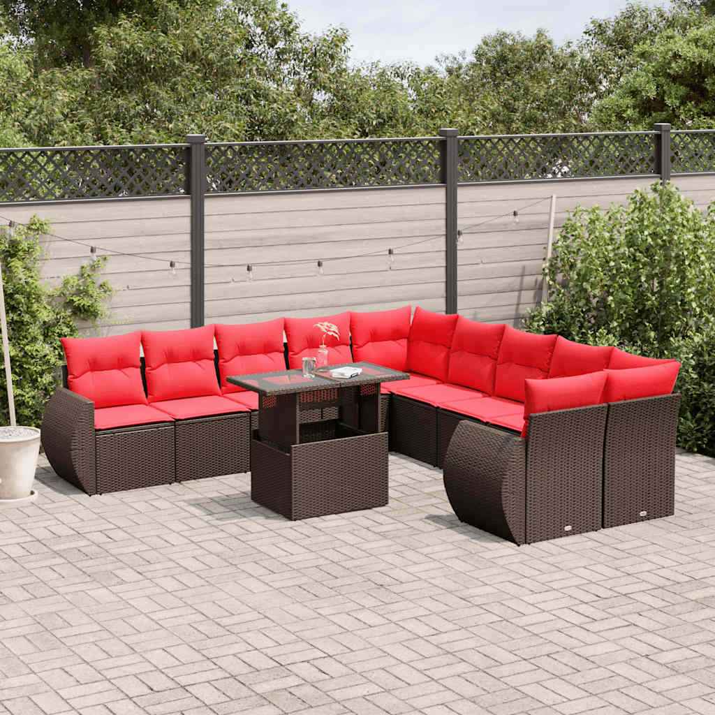 vidaXL 11-delige tuinbankset met kussens, zwart polyrotan