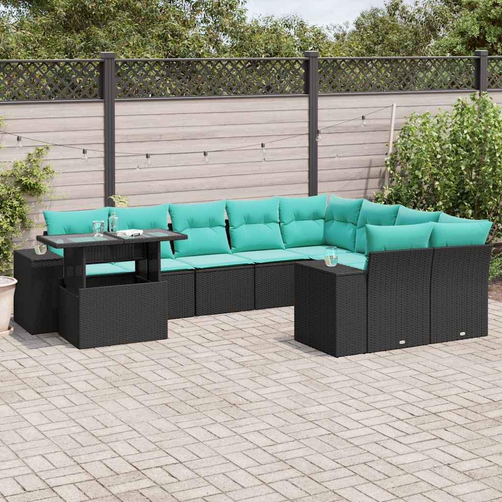 vidaXL 10-delige tuinbankset met kussens van zwart polyrotan