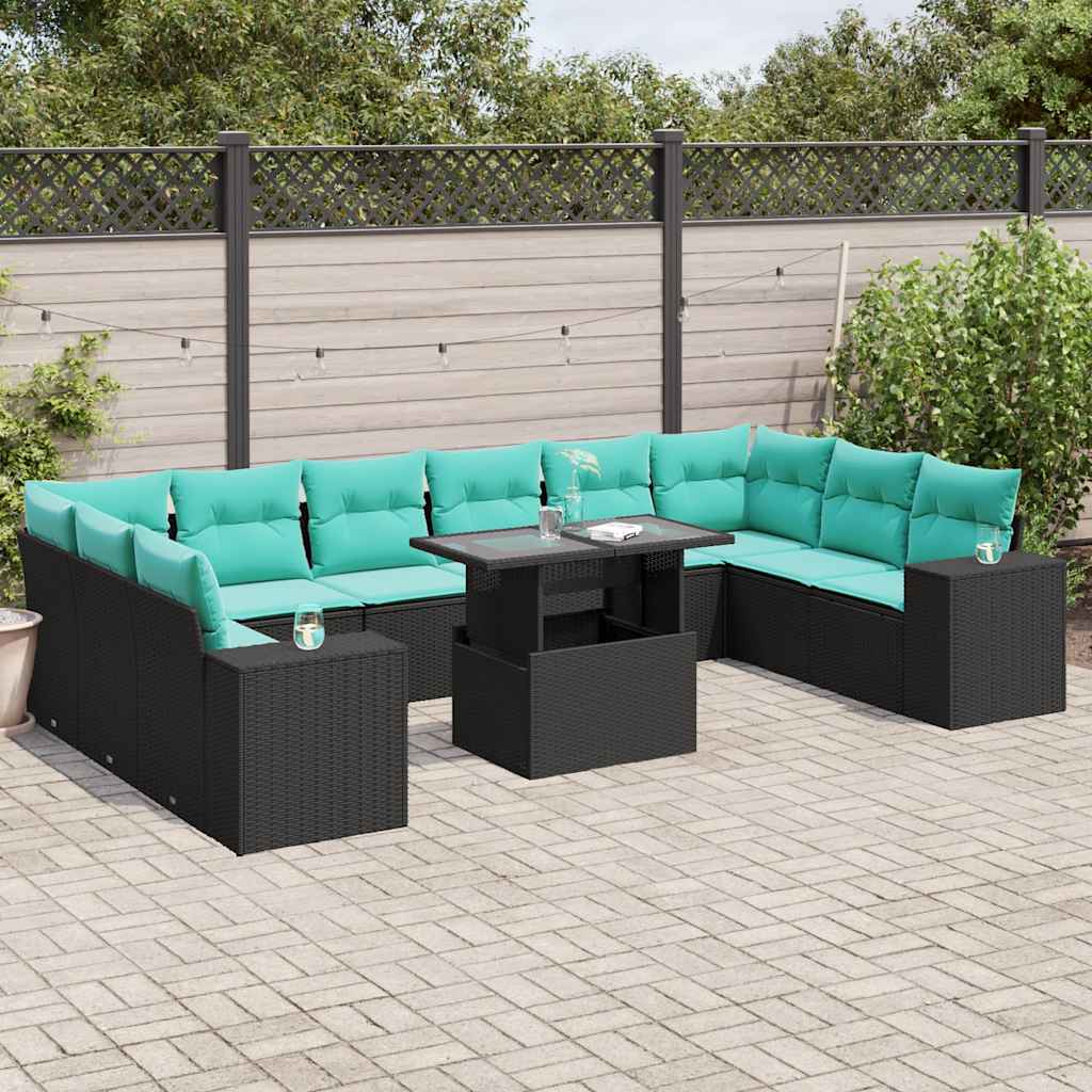 vidaXL 11-delige tuinbankset met kussens, zwart polyrotan