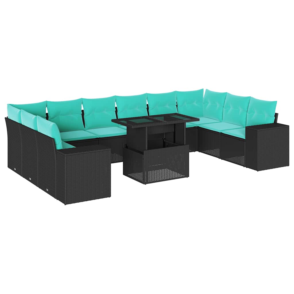 vidaXL 11-delige tuinbankset met kussens, zwart polyrotan