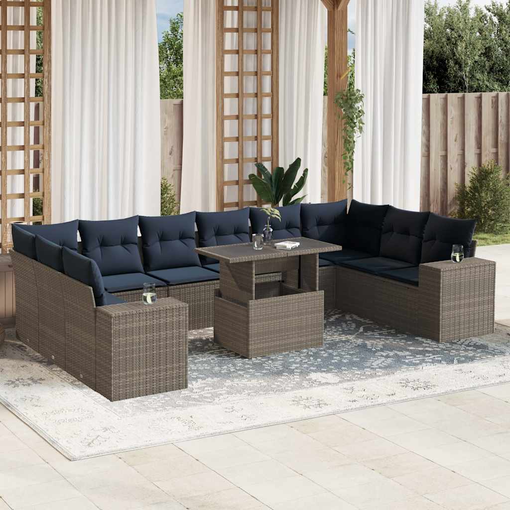 vidaXL 11-delige tuinbankset met kussens, zwart polyrotan