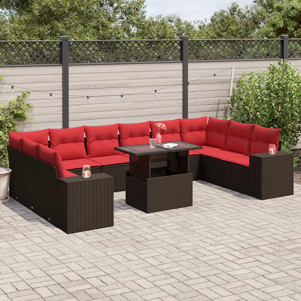 vidaXL 11-delige tuinbankset met kussens, zwart polyrotan