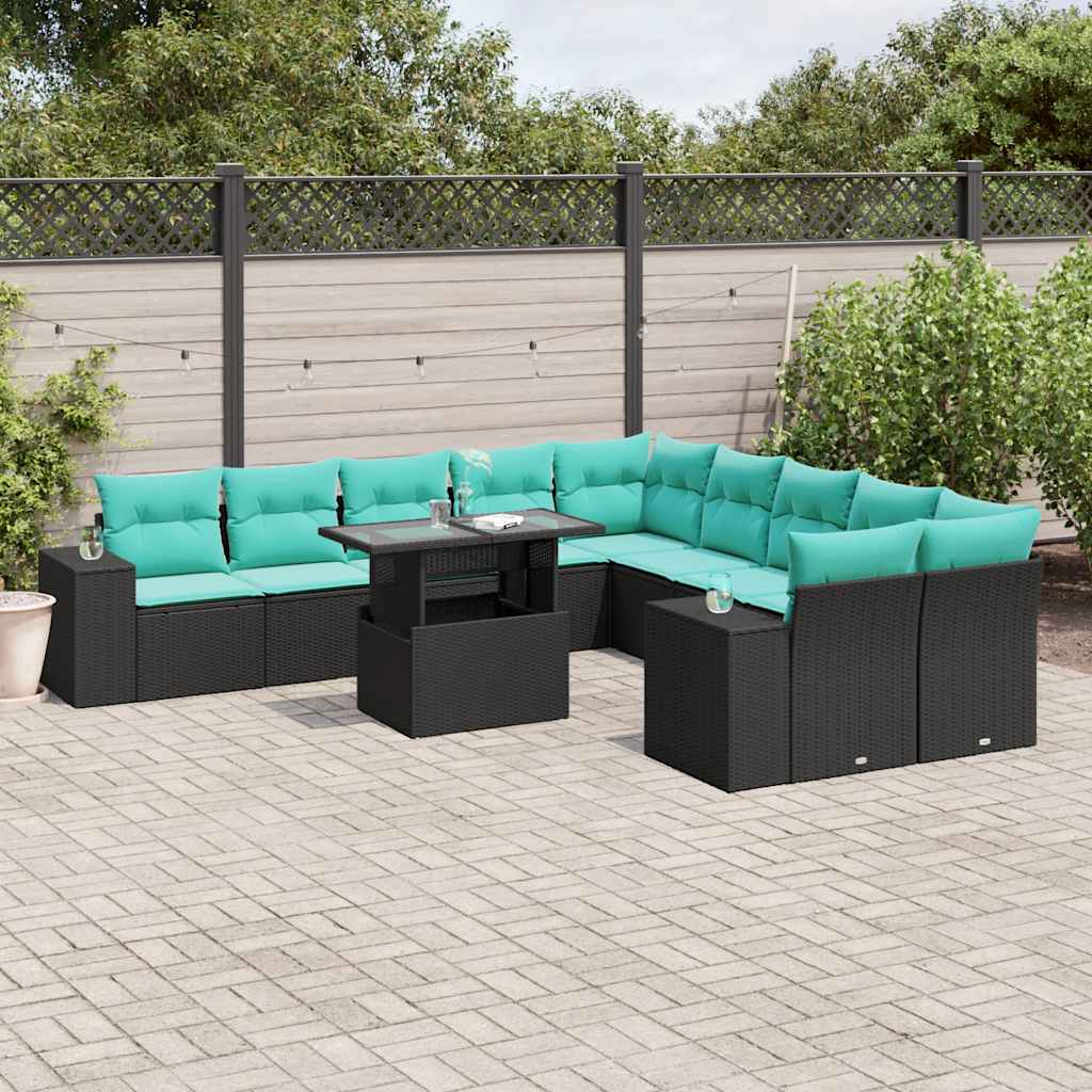 vidaXL 11-delige tuinbankset met kussens, zwart polyrotan