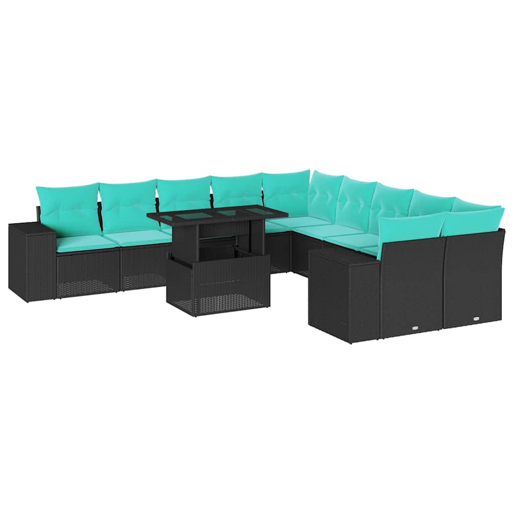 vidaXL 11-delige tuinbankset met kussens, zwart polyrotan