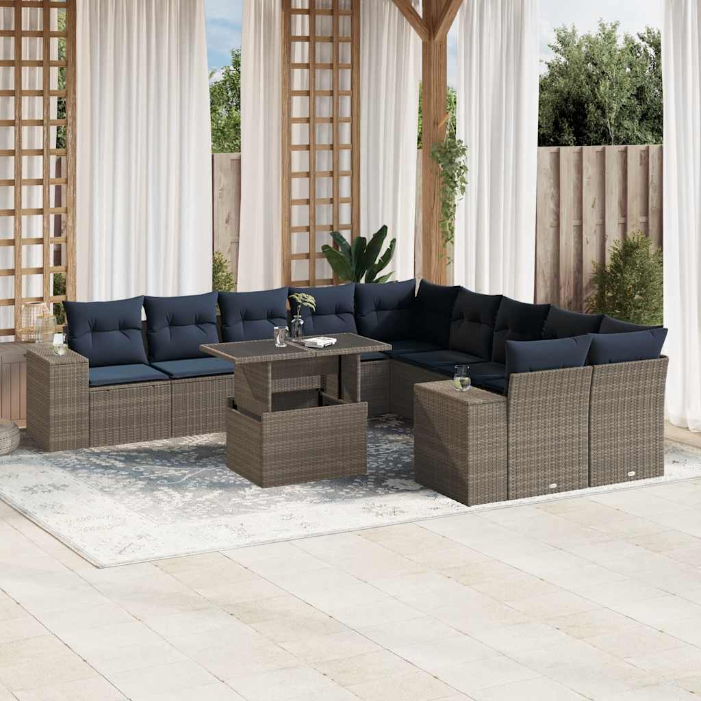 vidaXL 11-delige tuinbankset met kussens, zwart polyrotan
