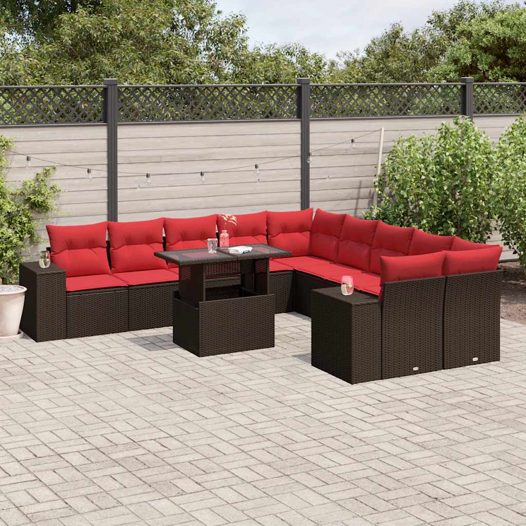 vidaXL 11-delige tuinbankset met kussens, zwart polyrotan