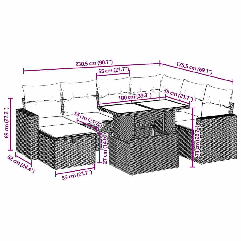 vidaXL 8-delige tuinbankset met kussens, zwart polyrotan
