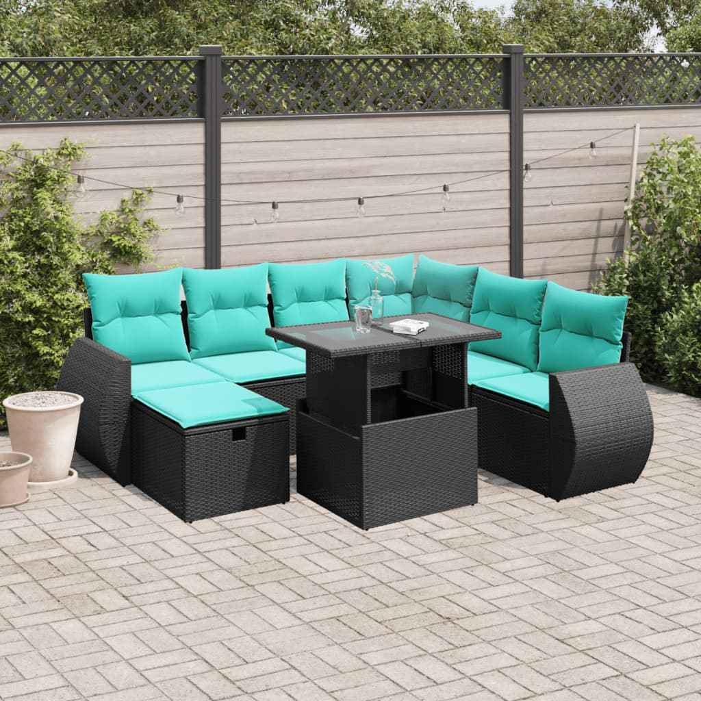 vidaXL 8-delige tuinbankset met kussens, zwart polyrotan