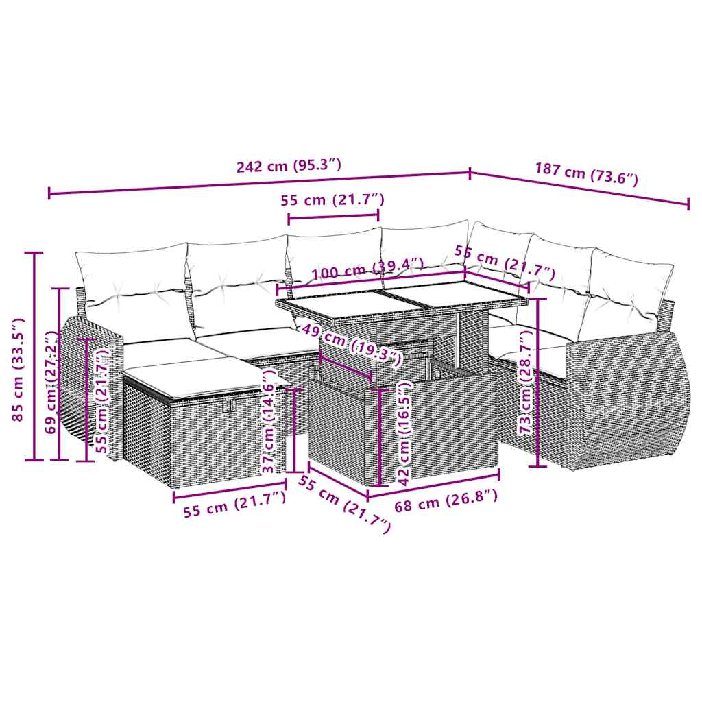 vidaXL 8-delige tuinbankset met kussens, zwart polyrotan
