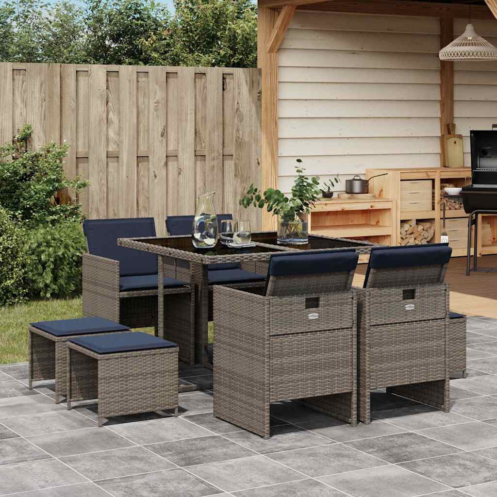 vidaXL 9-delige tuinset met kussens, grijs polyrotan