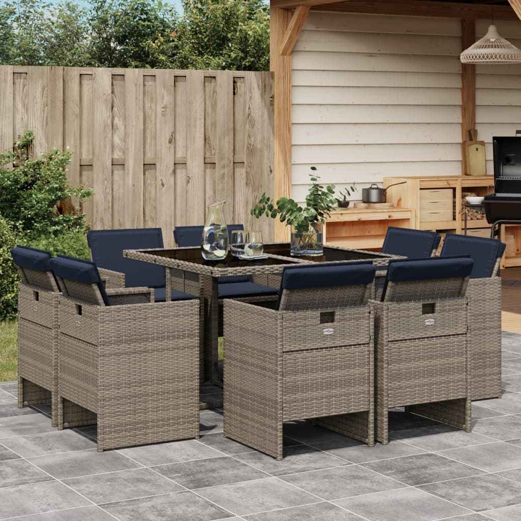 vidaXL 9-delige tuinset met kussens, grijs polyrotan