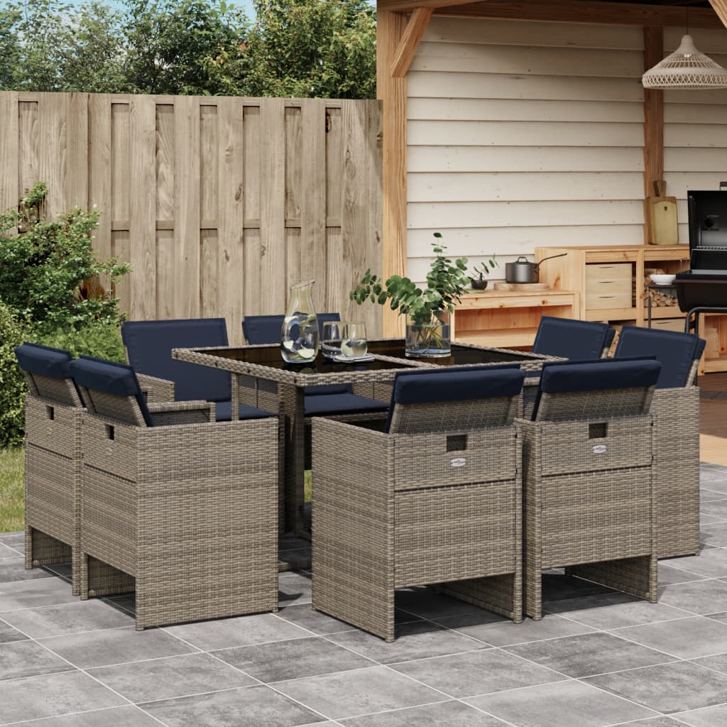 vidaXL 9-delige tuinset met kussens, grijs polyrotan