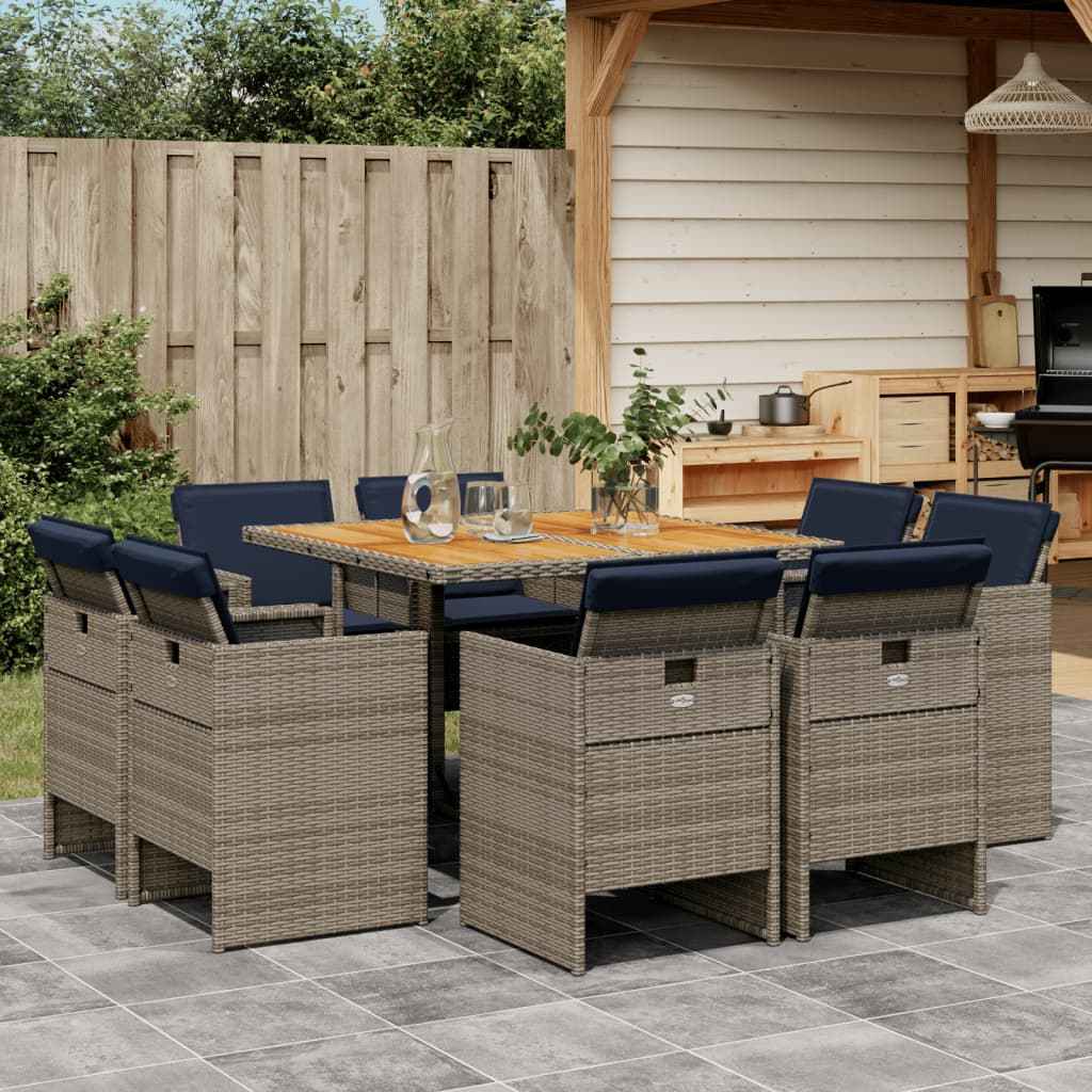 vidaXL 9-delige tuinset met kussens, grijs polyrotan