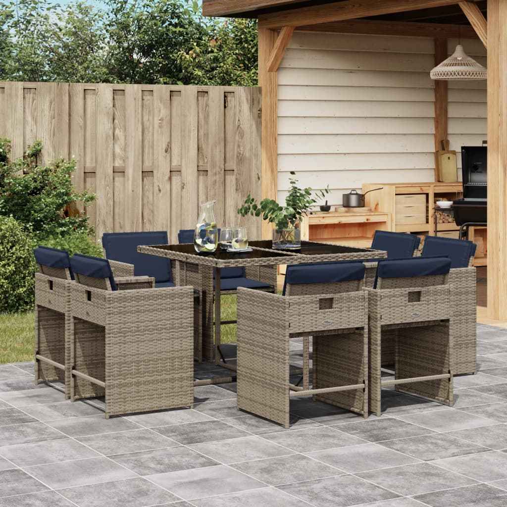vidaXL 9-delige tuinset met kussens, grijs polyrotan