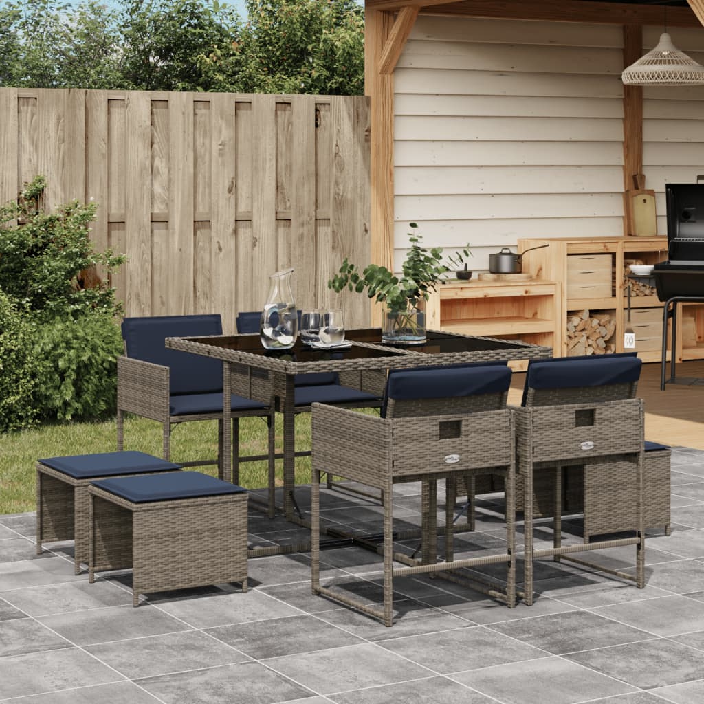 vidaXL 9-delige tuinset met kussens, grijs polyrotan