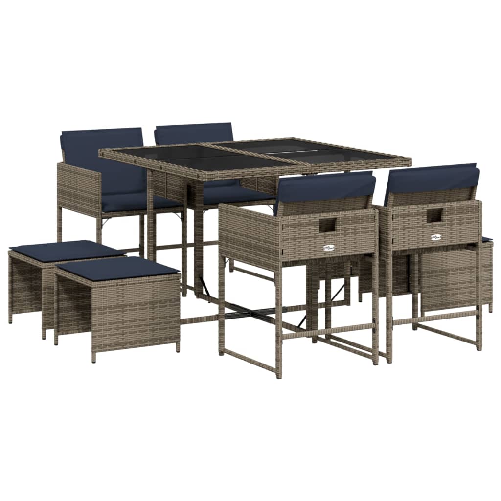vidaXL 9-delige tuinset met kussens, grijs polyrotan