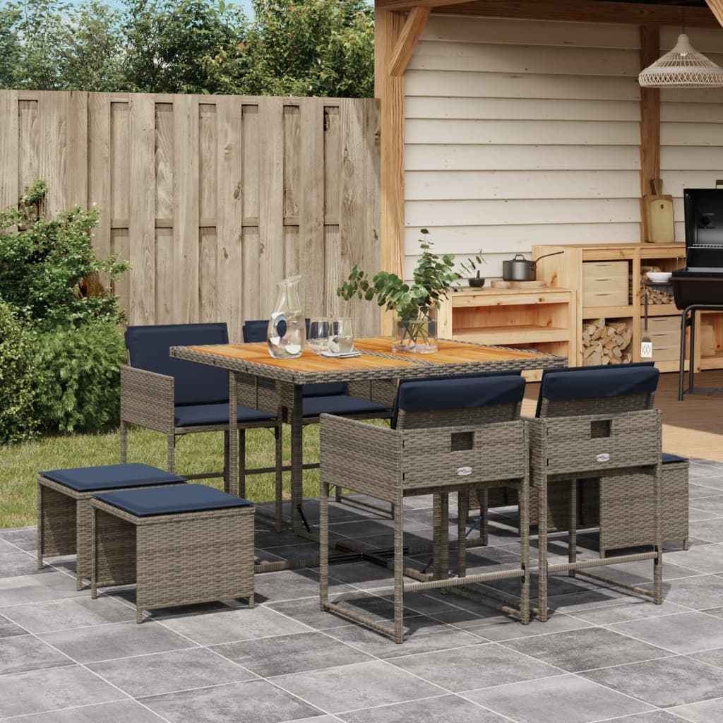 vidaXL 9-delige tuinset met kussens, grijs polyrotan