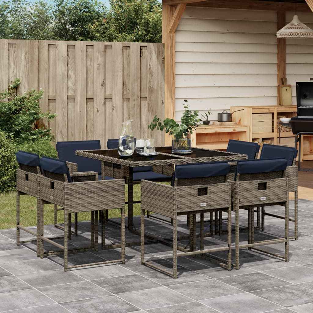 vidaXL 9-delige tuinset met kussens, grijs polyrotan
