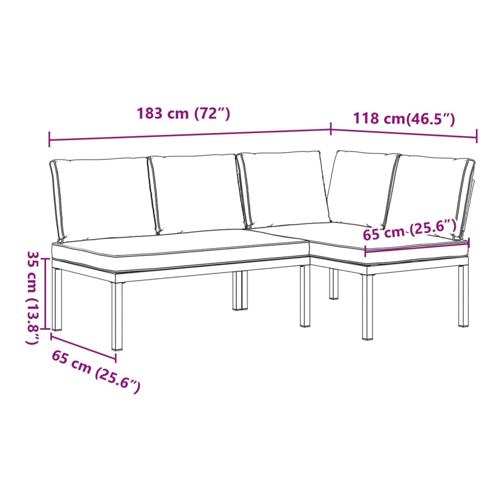 vidaXL 3-delige Loungeset met kussens aluminium zwart