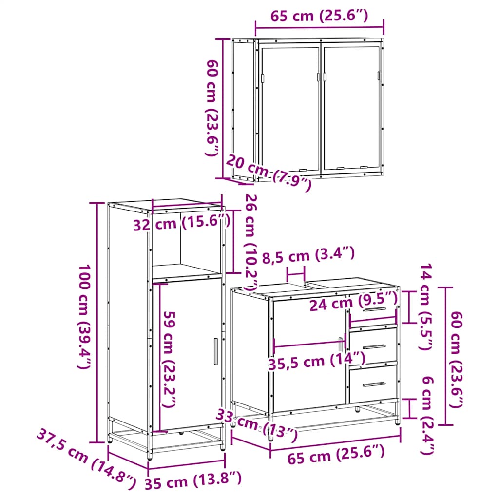 vidaXL 3-delige Badkamermeubelset bewerkt hout bruin eikenkleur - Aashly