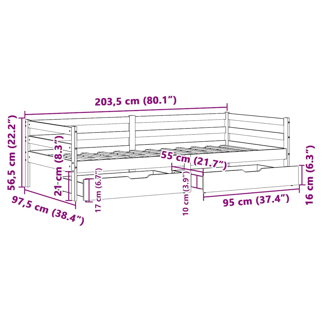 vidaXL Slaapbank met lades 90x200 cm massief grenenhout