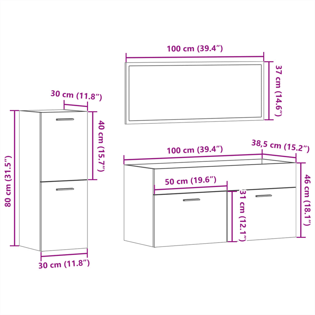 vidaXL 3-piece bathroom furniture set, processed wood, high-gloss white