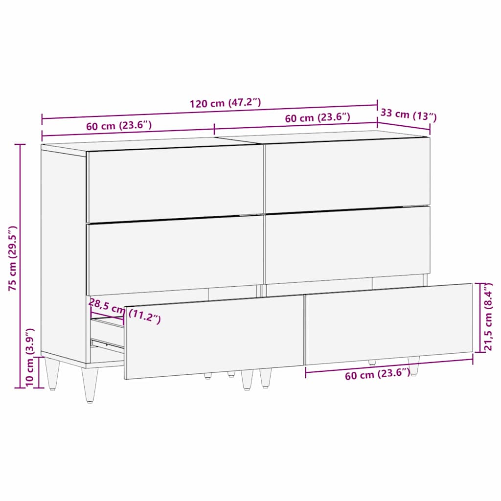 vidaXL Dressoir 2 pcs Bruin 60 x 33 x 75 cm massief mangohout