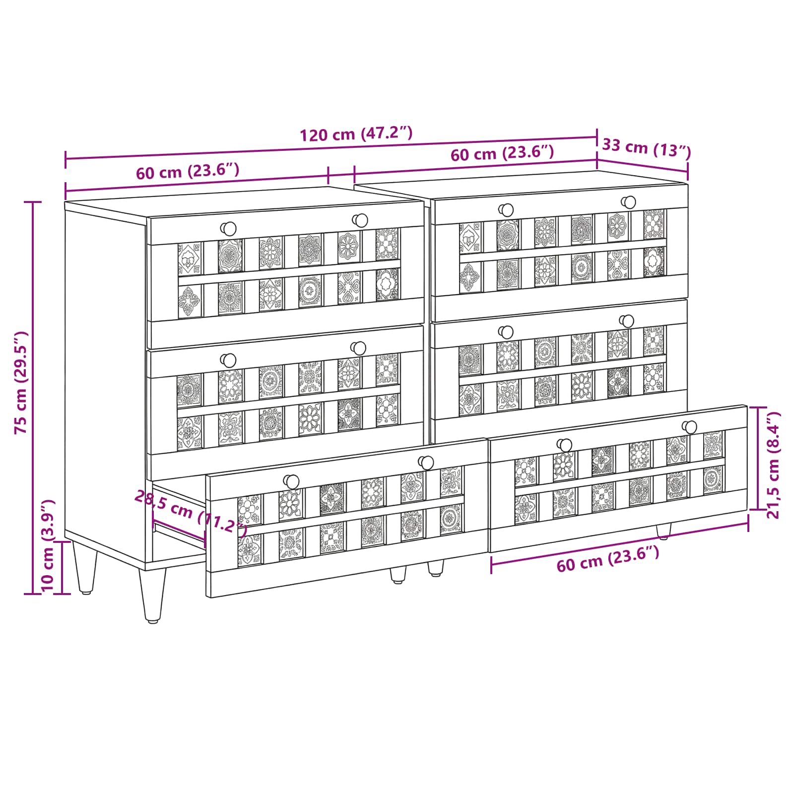 vidaXL Dressoir 2 pcs Walnotenhout 60 x 33,5 x 75 cm
