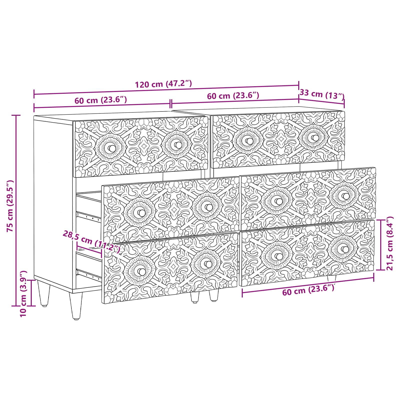 vidaXL Dressoir 2 pcs Wit 60 x 33,5 x 75 cm Massief Mango Hout