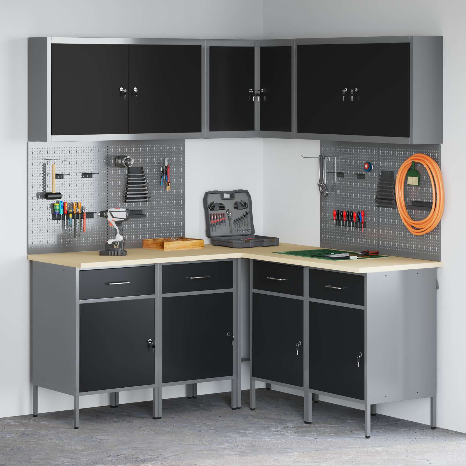 vidaXL Werkkast set met lade met opslag met slot 5 pcs Zwart en Grijs