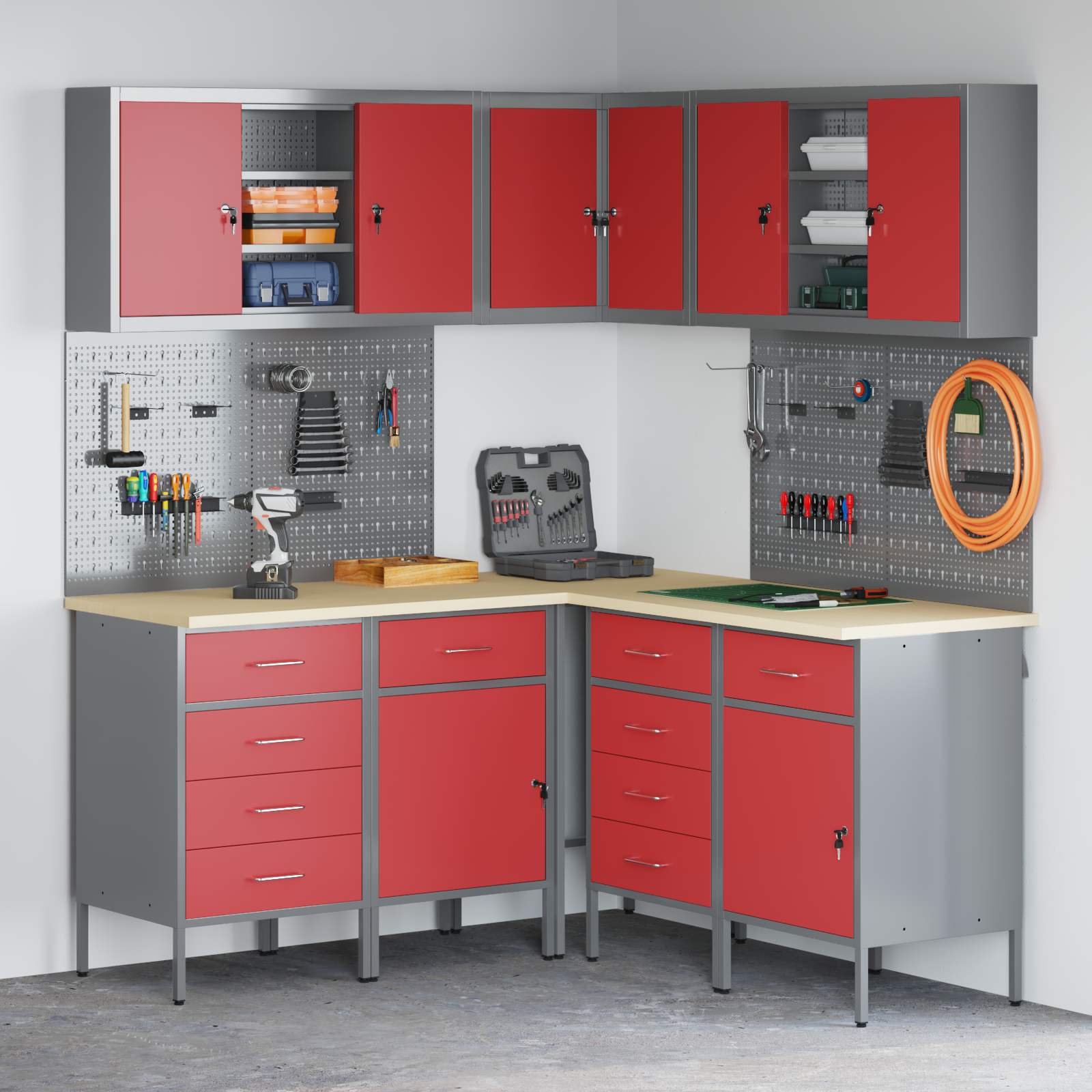 vidaXL Werkkast set met lade met opslag met slot 5 pcs Zwart en Grijs