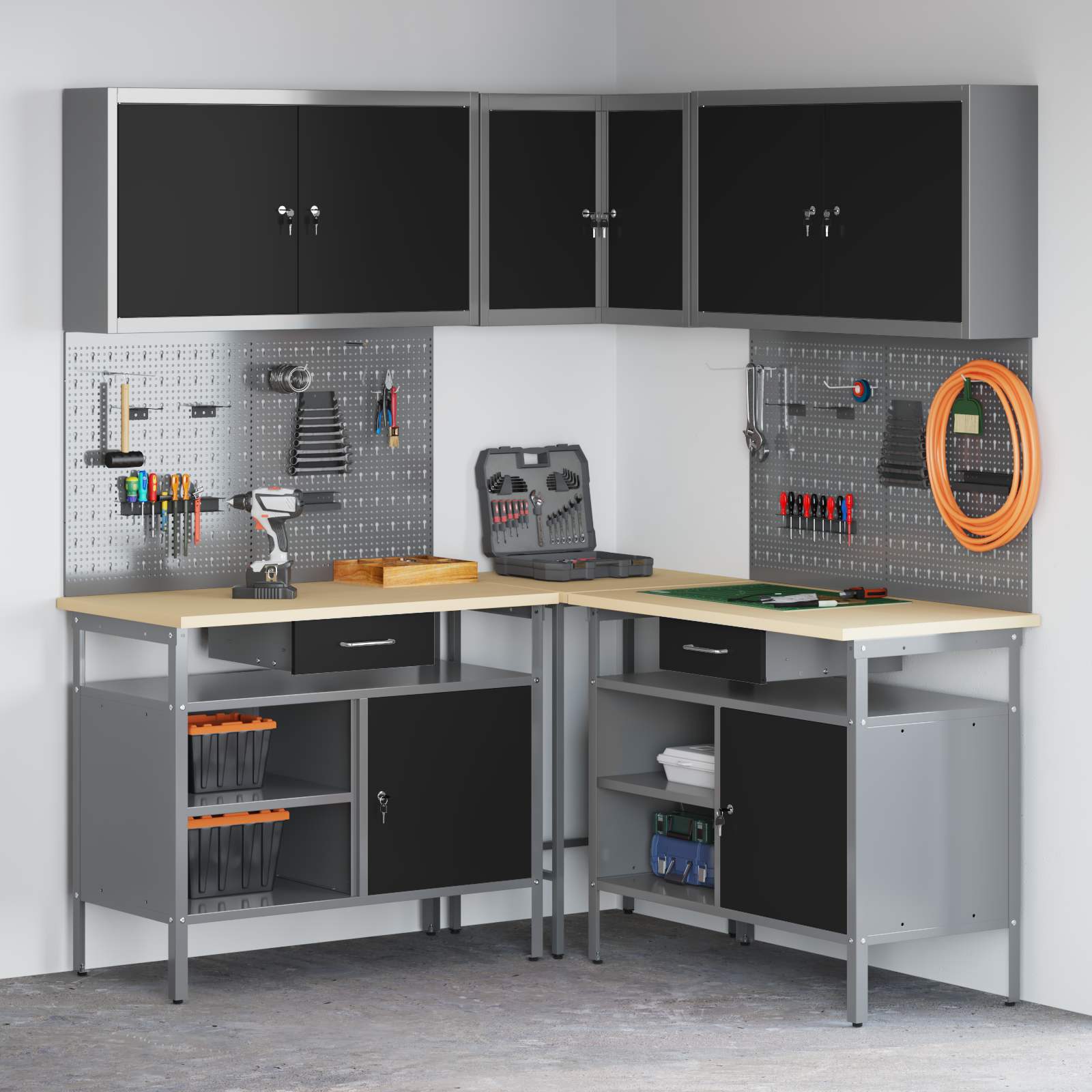 vidaXL Werkkast set met lade met opslag met slot 5 pcs Zwart en Grijs