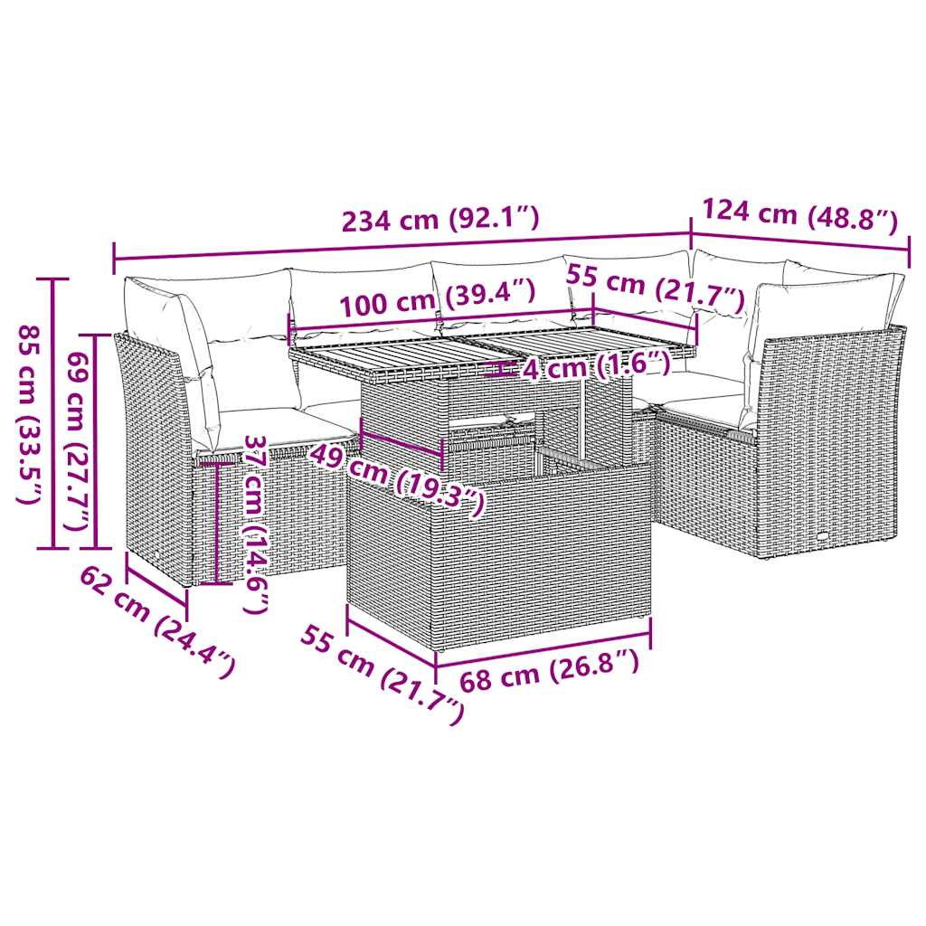 vidaXL 6-delige Loungeset met kussens poly rattan zwart