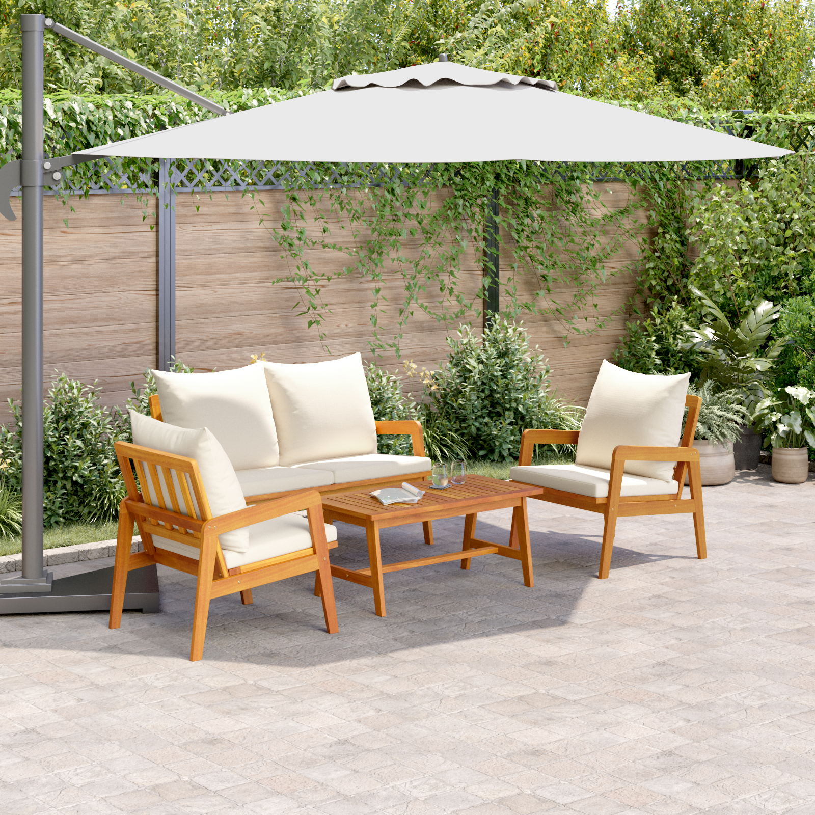 vidaXL 4-delige Bistroset met kussens massief acaciahout