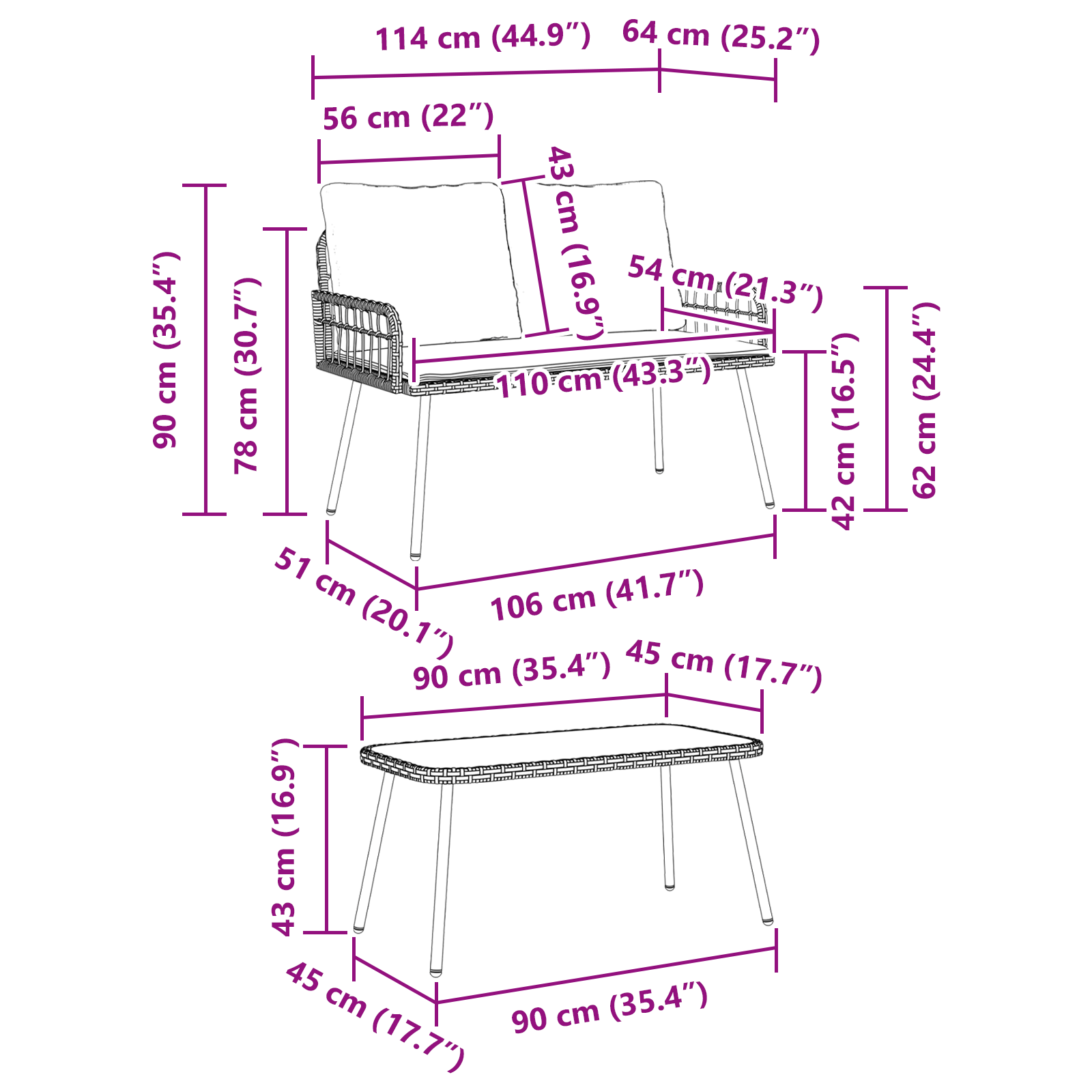 vidaXL 2-delige Tuinset met kussens poly rattan zwart