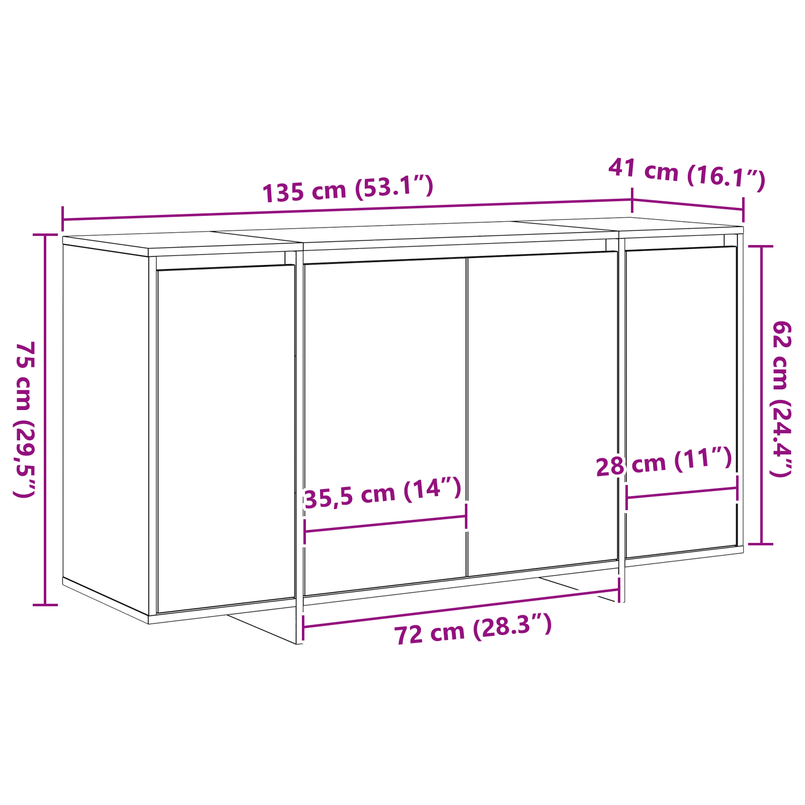 vidaXL Witte Dressoir Wit Hout 135 x 41 x 75 cm Witte Dressoir