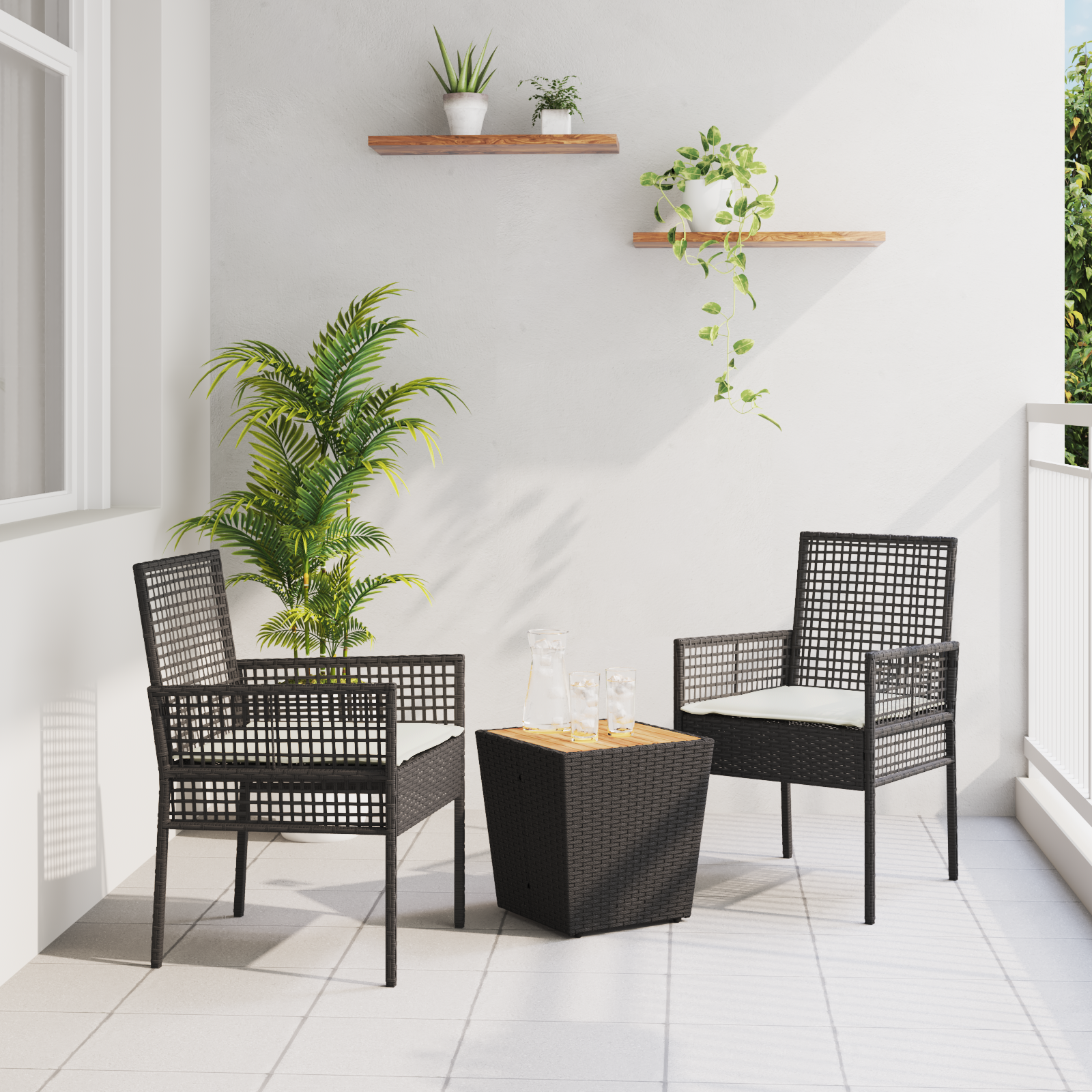 vidaXL 3-delige Tuinbistroset met kussen poly rattan zwart